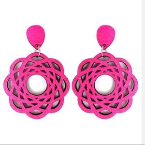 Hot Pink Floral Filigree Wood Earrings – Lightweight Statement Pair